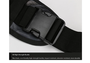 Close-up of durable black matte buckle and heavy-duty nylon strap for tactical chest bag