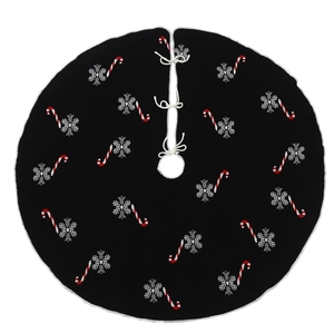 Knitted Christmas tree skirt with black base, red candy canes and white snowflake patterns