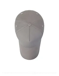 Top down view of deep grey oversized six-panel cotton twill baseball cap with crown button