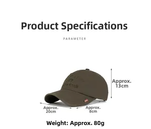 Detailed sizing chart for cotton baseball cap showing 8cm brim and 20cm width specs