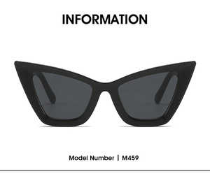 Detail view of M459 cat-eye sunglasses with polished black frame and dark lenses