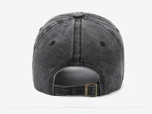Detail view of the washed cotton baseball cap back with adjustable metal buckle