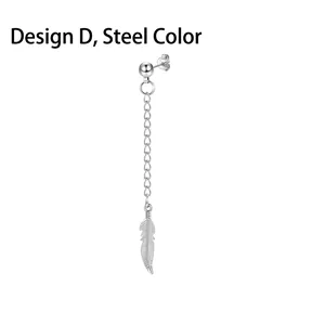 Detail view of steel ball stud earring with long chain and textured feather pendant charm