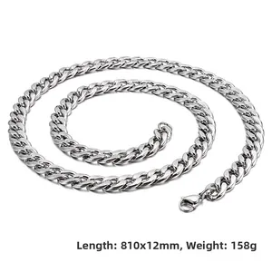 Close-up of polished 12mm Cuban link chain in stainless steel with 810mm length