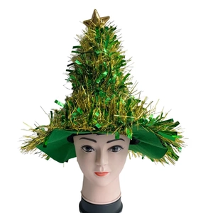 Christmas tree shaped party hat with green and gold tinsel ribbons and a gold star topper