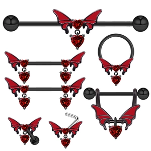Black gothic butterfly piercing set with red heart stones in polished stainless steel