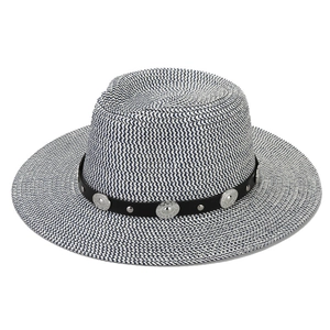 Blue and white woven straw sun hat with wide brim and silver studded black ribbon band