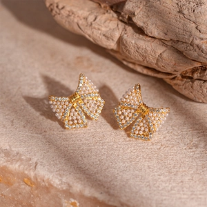 Bow Knot Stud Earrings With Faux Artificial Pearl Zircon Alloy And Silver Earring Post Elegant Gold Jewelry For Women