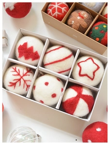 Detailed set of six wool felt Christmas ornaments with gingerbread and snowflake patterns
