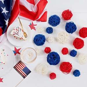Patriotic red white and blue woven rattan balls in various sizes for Independence Day