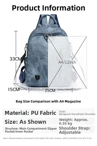 Detailed size chart of vintage blue PU leather backpack with dimensions and internal structure