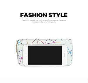 White leather long wallet with colorful geometric pattern showing phone size scale