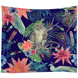 Artistic bohemian tapestry with monkeys and peacocks on a navy tropical background