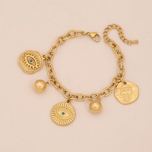 Bracciale dorato esotico con ciondoli Occhio del Male e Mano di Fatima e catena regolabile