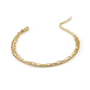Layered Bracelet 18K Gold Plated Stainless Steel Paperclip And Round Bead Chain Minimalist Fashion Jewelry For Women
