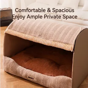Thick warm semi-enclosed pet bed with plush lining and brown waffle texture fabric