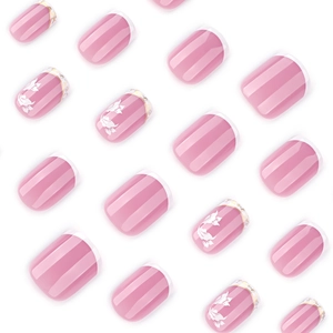 Pink French square press-on nails with white floral designs and gold leaf foil accents