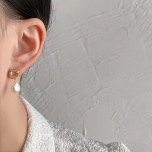 French Baroque freshwater pearl drop earrings with irregular gold metal studs for women