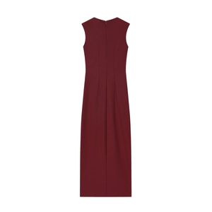 Elegante Abito Lungo Senza Maniche Rosso Vino Da Donna Plissettato Bodycon Girocollo Spacco Laterale Cerniera Posteriore