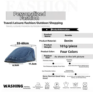 Detail guide showing denim newsboy cap dimensions, washed fabric specs and size 55-60cm