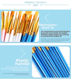 Detail of 10 blue nylon brushes with electroplated copper tubes and smooth handles