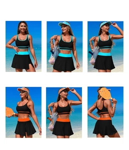 Two-piece quick-dry sports bikini set with black racerback top and contrast trim skirt