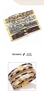 Détail du bracelet en cuir léopard avec perles blanches et fermoir magnétique doré
