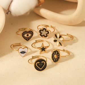Adjustable gold titanium steel rings with clover heart and evil eye enamel charms