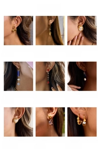Série de boucles d'oreilles dorées avec lèvres rouges, œil grec et perles