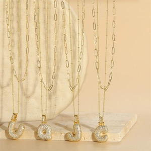 Pendant Necklace Copper Zircon Puffy Initial Double Layer Paperclip Bead Chain Trendy Jewelry Women