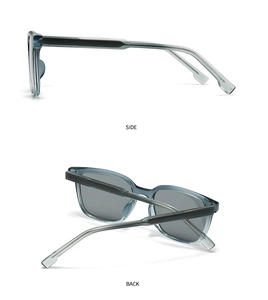 Side and back view of round polarized sunglasses with translucent grey-blue frames