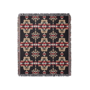 Bohemian geometric woven picnic blanket with tribal pattern and fringe tassels
