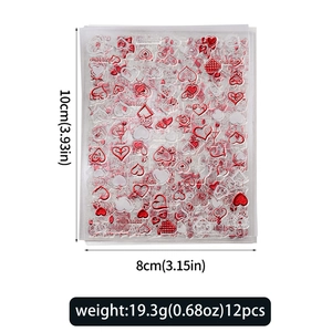 Detail of 12pcs Valentine red heart nail stickers showing 10x8cm size and designs