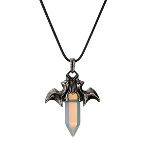 Vintage bat necklace with iridescent hexagonal crystal pillar on black rope cord