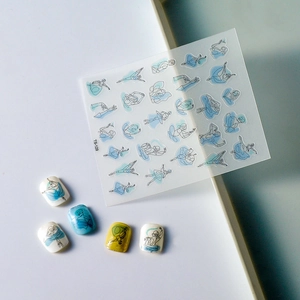 5D embossed minimalist line art nail stickers with abstract blue watercolor accents