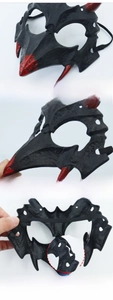 Detailed views of Halloween devil skull mask with blood-red horns and elastic headband