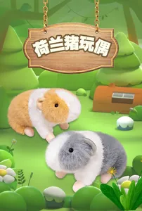 Detailed view of soft plush guinea pig toys in orange, grey and white color options
