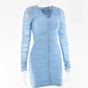 Detail of sky blue mesh long sleeve dress with ruched texture and V-neck design