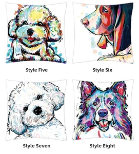 Detail of four colorful watercolor dog art pillow covers featuring different breeds