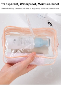 Waterproof clear PVC wash bag with pink trim shown under running water for travel