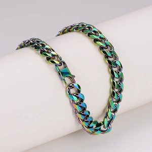 Collier Chaîne Maille Gourmette En Acier Inoxydable Arc En Ciel Homme Mode Hip Hop Punk