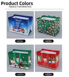 Four festive Christmas non-woven gift bags with Santa, reindeer, and snowman designs