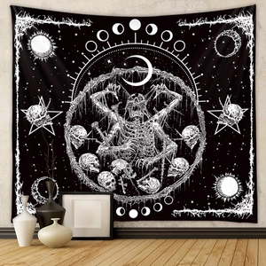 Mystical black wall tapestry with white skull, moon phases, and pentagram patterns