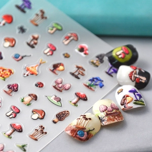 5D embossed mushroom garden nail art stickers with 3D colorful textures for DIY manicure