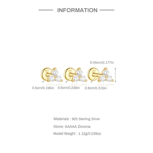 Detailed size comparison for S925 silver triangle stud earrings with zirconia in 3 lengths