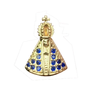 Exquisite Our Lady of Aparecida gold pendant with blue gemstones and sparkling diamonds