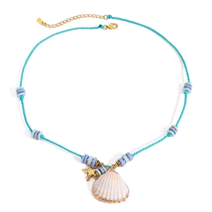 Teal cord necklace featuring natural white shell, gold starfish charm, and colored beads