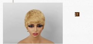 Front view of short golden pixie cut wig with bangs on mannequin head, style number 27