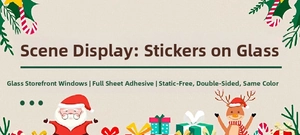 Detail of static Christmas window decals with Santa and deer, double-sided color design