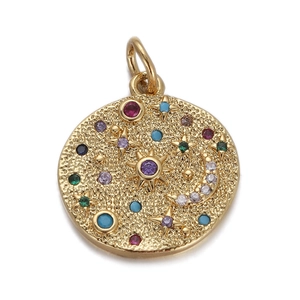 Detailed close-up of golden celestial pendant with colorful crystal stars and moon